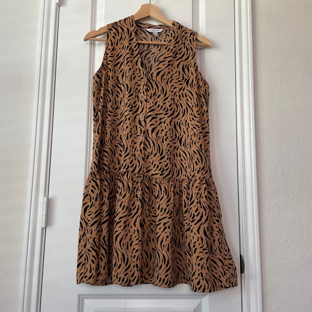 Nine West Womens Dress XS Animal Print Button Front Ruffle Hem Cheetah Wild